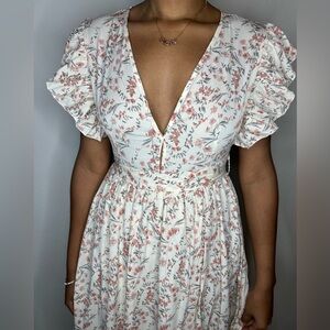 SHEIN Floral Ruffle Sleeve Dress - White and Pink